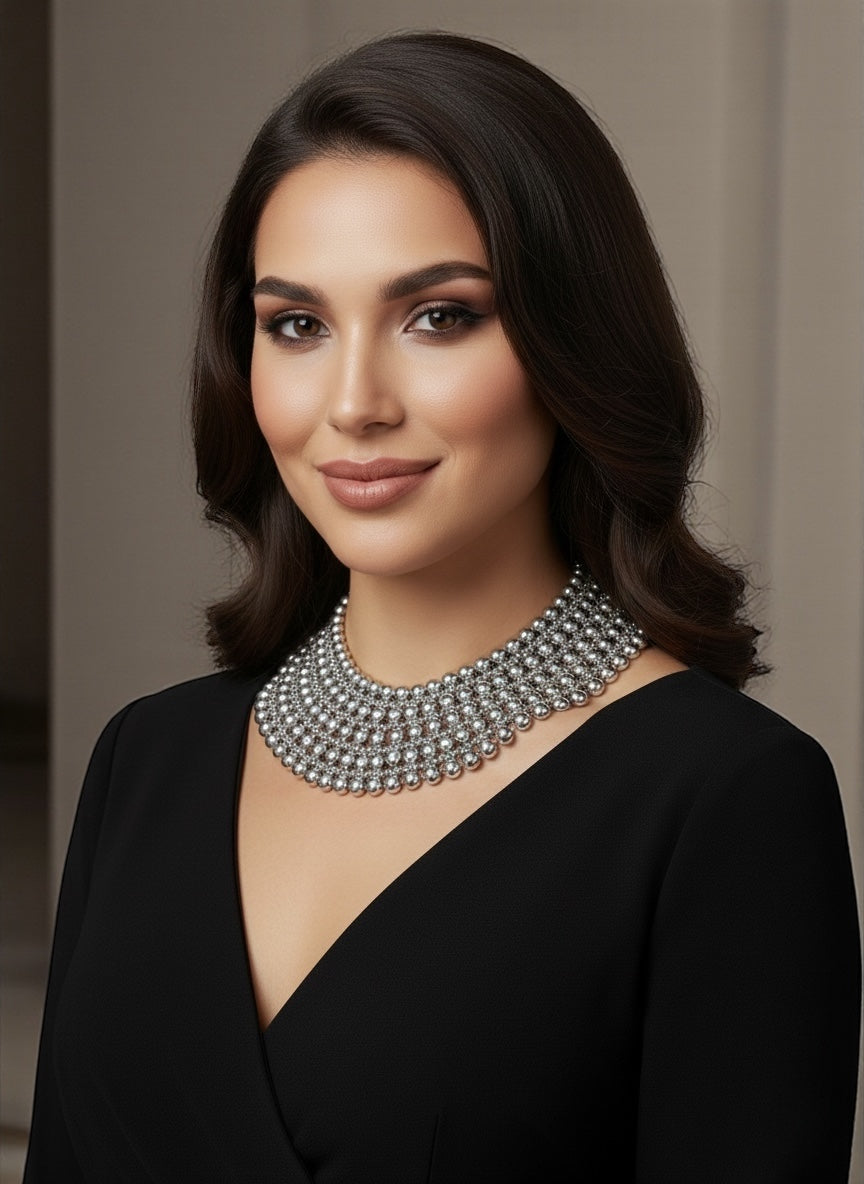 Luxurious Multi-Layer Silver Beaded Statement Choker Necklace - Fatisha Boutique #