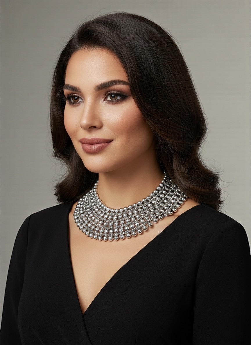 Luxurious Multi-Layer Silver Beaded Statement Choker Necklace - Fatisha Boutique #
