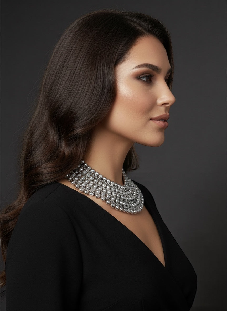 Luxurious Multi-Layer Silver Beaded Statement Choker Necklace - Fatisha Boutique #