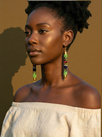 Handmade Multicoloured African Beaded Dangle Earrings – Tribal Maasai Inspired Boho Long Dangle Jewellery - Fatisha Boutique #