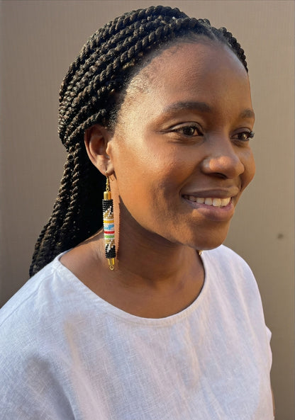 Handmade Multicoloured African Beaded Dangle Earrings – Tribal Maasai Inspired Boho Long Dangle Jewellery - Fatisha Boutique #