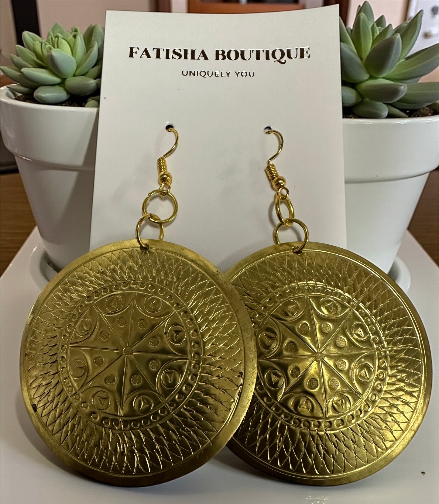 Authentic African Engraved Brass Dangle Earrings – 8cm Tribal Ethnic Statement Jewellery - Fatisha Boutique #