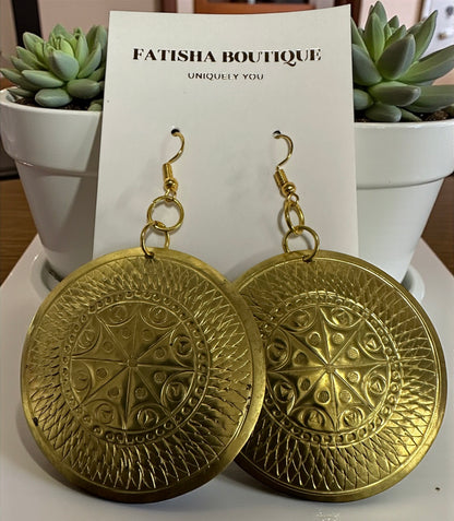 Authentic African Engraved Brass Dangle Earrings – 8cm Tribal Ethnic Statement Jewellery - Fatisha Boutique #