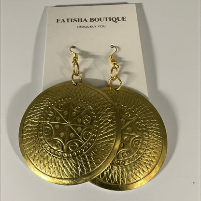 Authentic African Engraved Brass Dangle Earrings – 8cm Tribal Ethnic Statement Jewellery - Fatisha Boutique #
