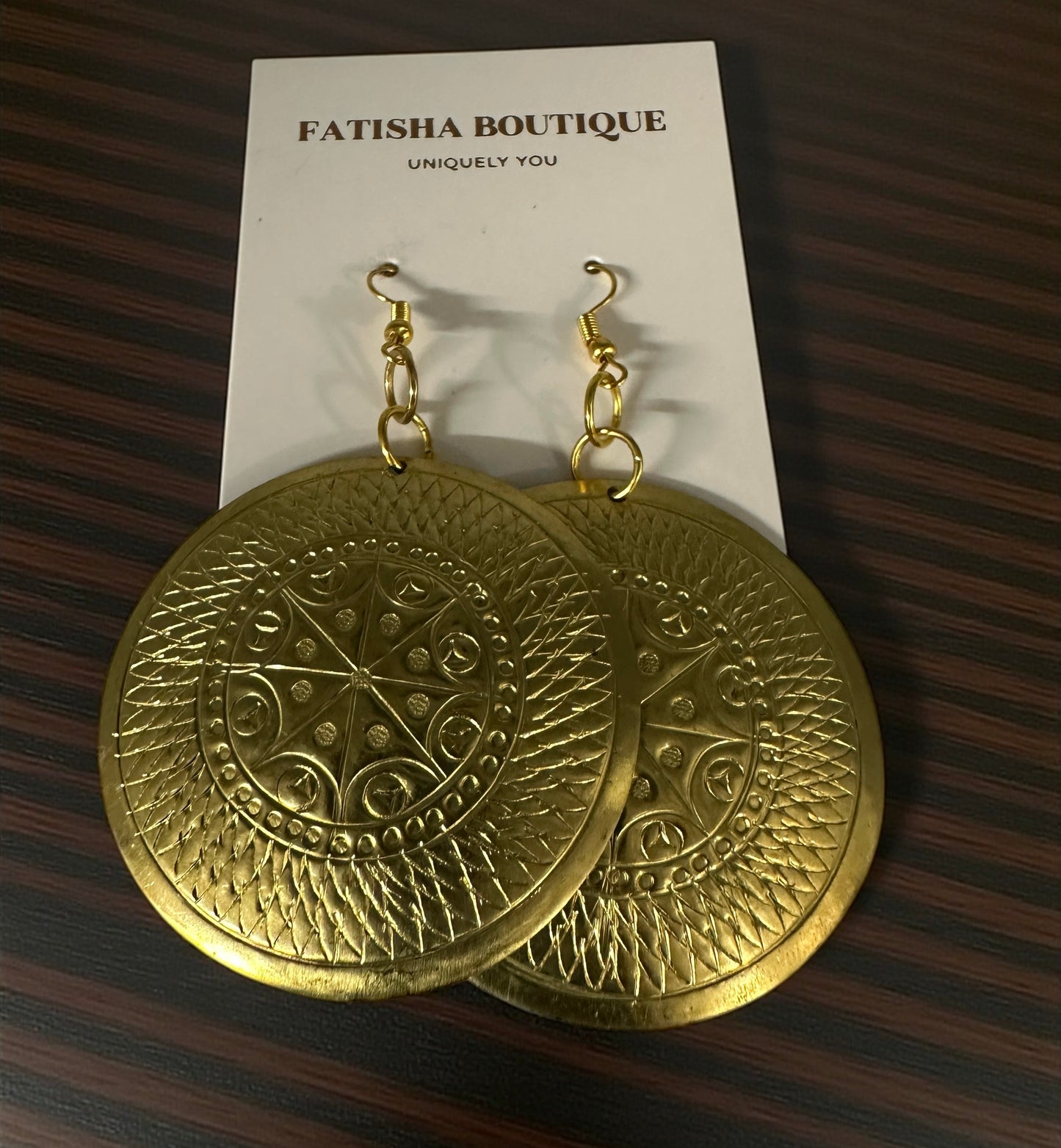 Authentic African Engraved Brass Dangle Earrings – 8cm Tribal Ethnic Statement Jewellery - Fatisha Boutique #