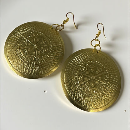 Authentic African Engraved Brass Dangle Earrings – 8cm Tribal Ethnic Statement Jewellery - Fatisha Boutique #