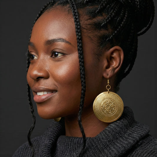 Authentic African Engraved Brass Dangle Earrings – 8cm Tribal Ethnic Statement Jewellery - Fatisha Boutique #