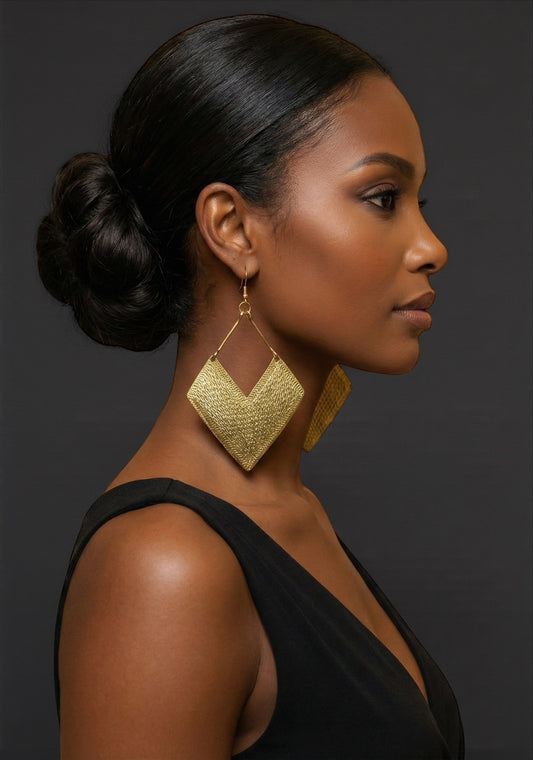 Handcrafted African Engraved Brass Chevron Dangle Earrings – Bold Tribal Statement