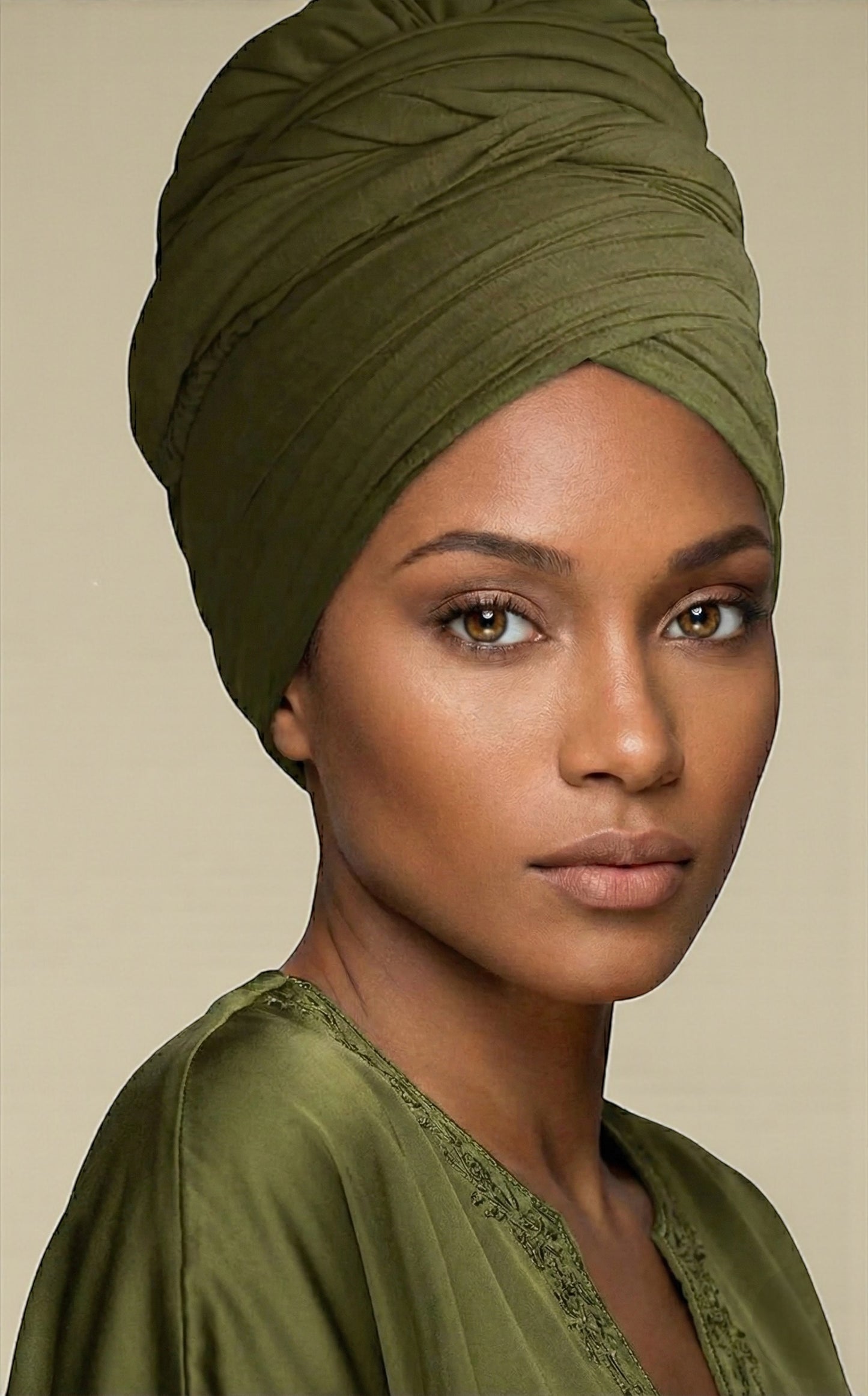 Olive Long Stretch Jersey Headwrap – Soft Elastic Turban Head Wrap Scarf for Protective Styling & Fashion Looks - Fatisha Boutique # Fatisha Boutique