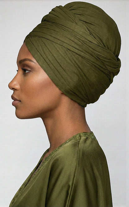 Olive Long Stretch Jersey Headwrap – Soft Elastic Turban Head Wrap Scarf for Protective Styling & Fashion Looks - Fatisha Boutique #