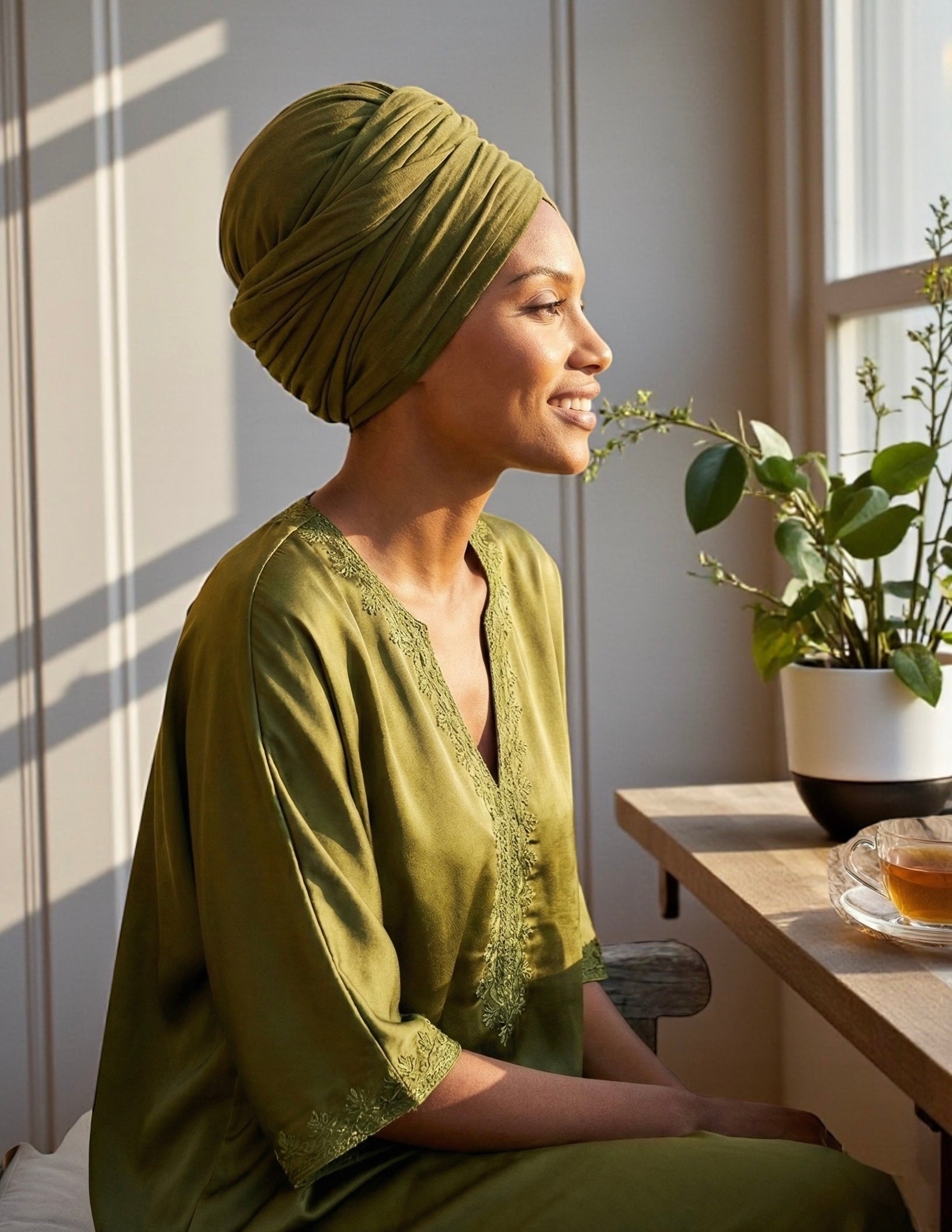 Olive Long Stretch Jersey Headwrap – Soft Elastic Turban Head Wrap Scarf for Protective Styling & Fashion Looks - Fatisha Boutique #