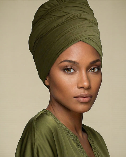 Olive Long Stretch Jersey Headwrap – Soft Elastic Turban Head Wrap Scarf for Protective Styling & Fashion Looks - Fatisha Boutique #