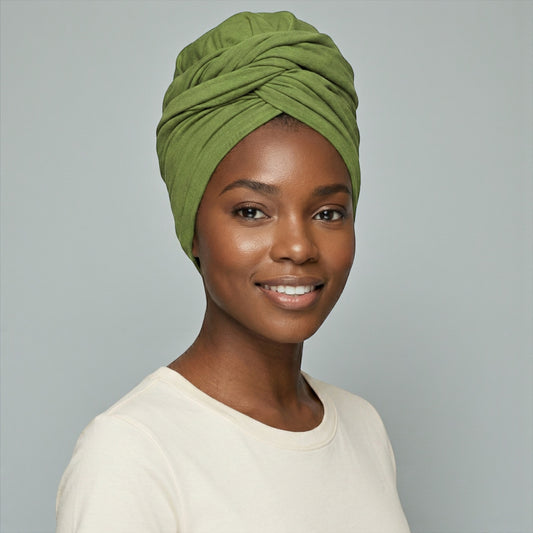 Green Long Stretch Jersey Headwrap – Soft Elastic Turban Head Wrap Scarf for Protective Styling & Fashion Looks - Fatisha Boutique #