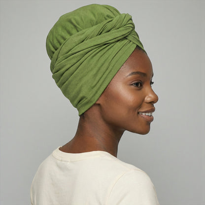 Green Long Stretch Jersey Headwrap – Soft Elastic Turban Head Wrap Scarf for Protective Styling & Fashion Looks - Fatisha Boutique #
