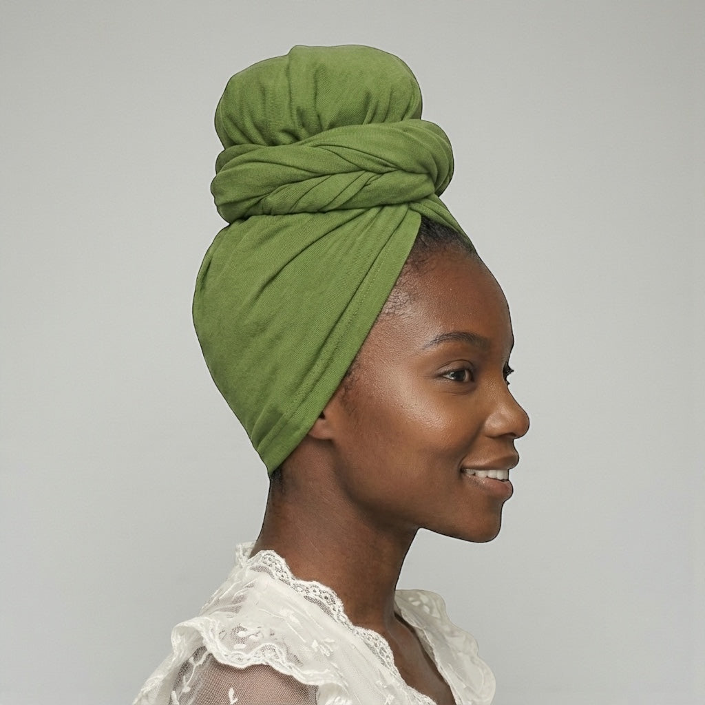 Green Long Stretch Jersey Headwrap – Soft Elastic Turban Head Wrap Scarf for Protective Styling & Fashion Looks - Fatisha Boutique #