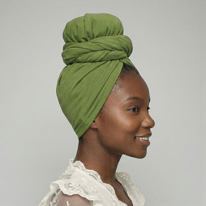 Green Long Stretch Jersey Headwrap – Soft Elastic Turban Head Wrap Scarf for Protective Styling & Fashion Looks - Fatisha Boutique #