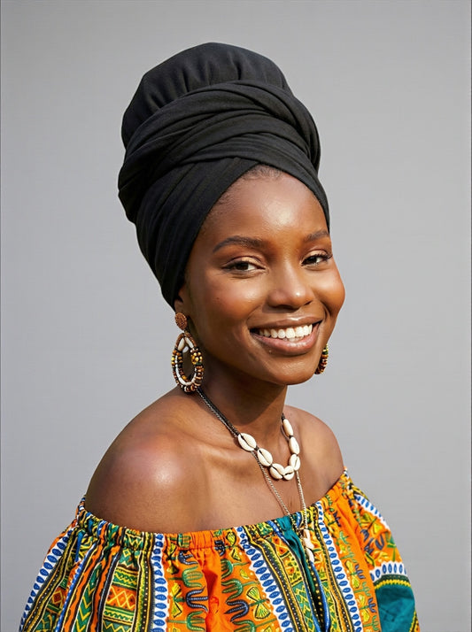 Black Long Stretch Jersey Headwrap – Soft Elastic Turban Head Wrap Scarf for Protective Styling & Fashion Looks - Fatisha Boutique #