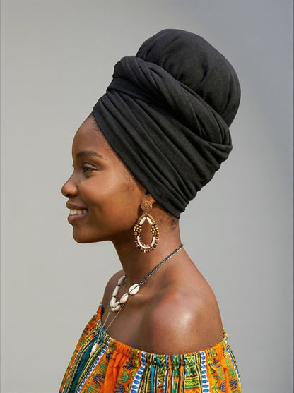 Black Long Stretch Jersey Headwrap – Soft Elastic Turban Head Wrap Scarf for Protective Styling & Fashion Looks - Fatisha Boutique #