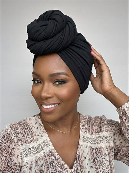 Black Long Stretch Jersey Headwrap – Soft Elastic Turban Head Wrap Scarf for Protective Styling & Fashion Looks - Fatisha Boutique #