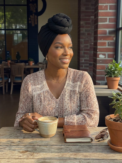 Black Long Stretch Jersey Headwrap – Soft Elastic Turban Head Wrap Scarf for Protective Styling & Fashion Looks - Fatisha Boutique #