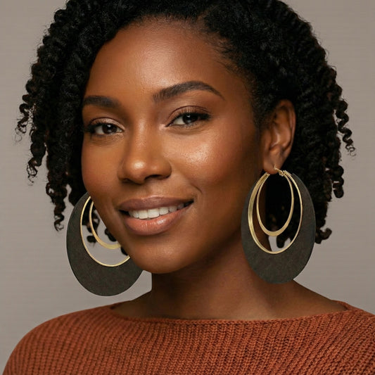 Ethnic Wooden Hoop Earrings – Minimalist Afrocentric Wood & Metal Statement Jewellery