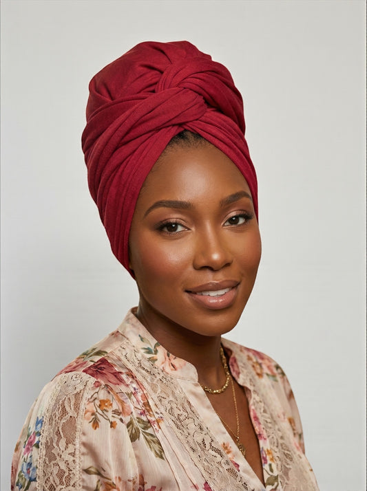 Red Long Stretch Jersey Headwrap – Soft Elastic Turban Head Wrap Scarf for Protective Styling & Fashion Looks - Fatisha Boutique #