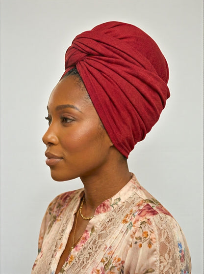 Red Long Stretch Jersey Headwrap – Soft Elastic Turban Head Wrap Scarf for Protective Styling & Fashion Looks - Fatisha Boutique #