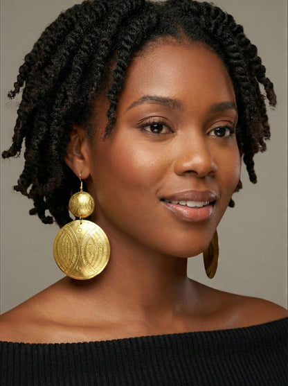 Authentic African Long Engraved Brass Dangle Earrings – Gold Afrocentric Statement Jewellery - Fatisha Boutique #
