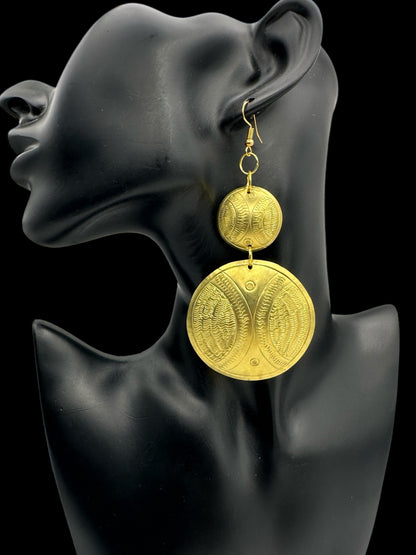 Authentic African Long Engraved Brass Dangle Earrings – Gold Afrocentric Statement Jewellery - Fatisha Boutique #