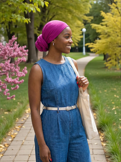 Fuchsia Long Stretch Jersey Headwrap – Soft Elastic Turban Head Wrap Scarf for Protective Styling & Fashion Look - Fatisha Boutique #