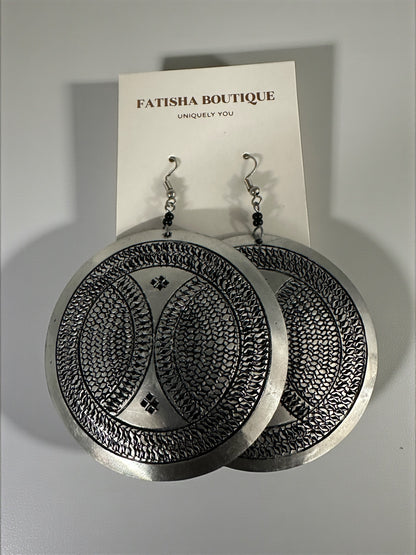 Authentic African Engraved Silver Round Earrings – Lightweight 10cm Afrocentric Dangle Jewellery - Fatisha Boutique #