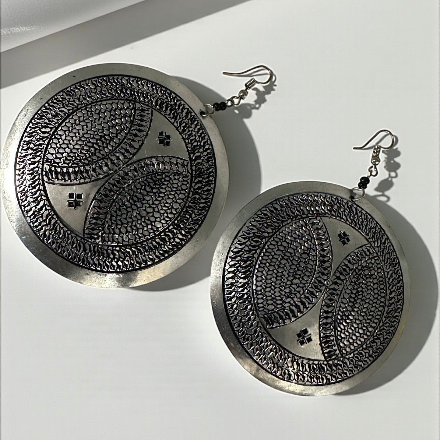 Authentic African Engraved Silver Round Earrings – Lightweight 10cm Afrocentric Dangle Jewellery - Fatisha Boutique #