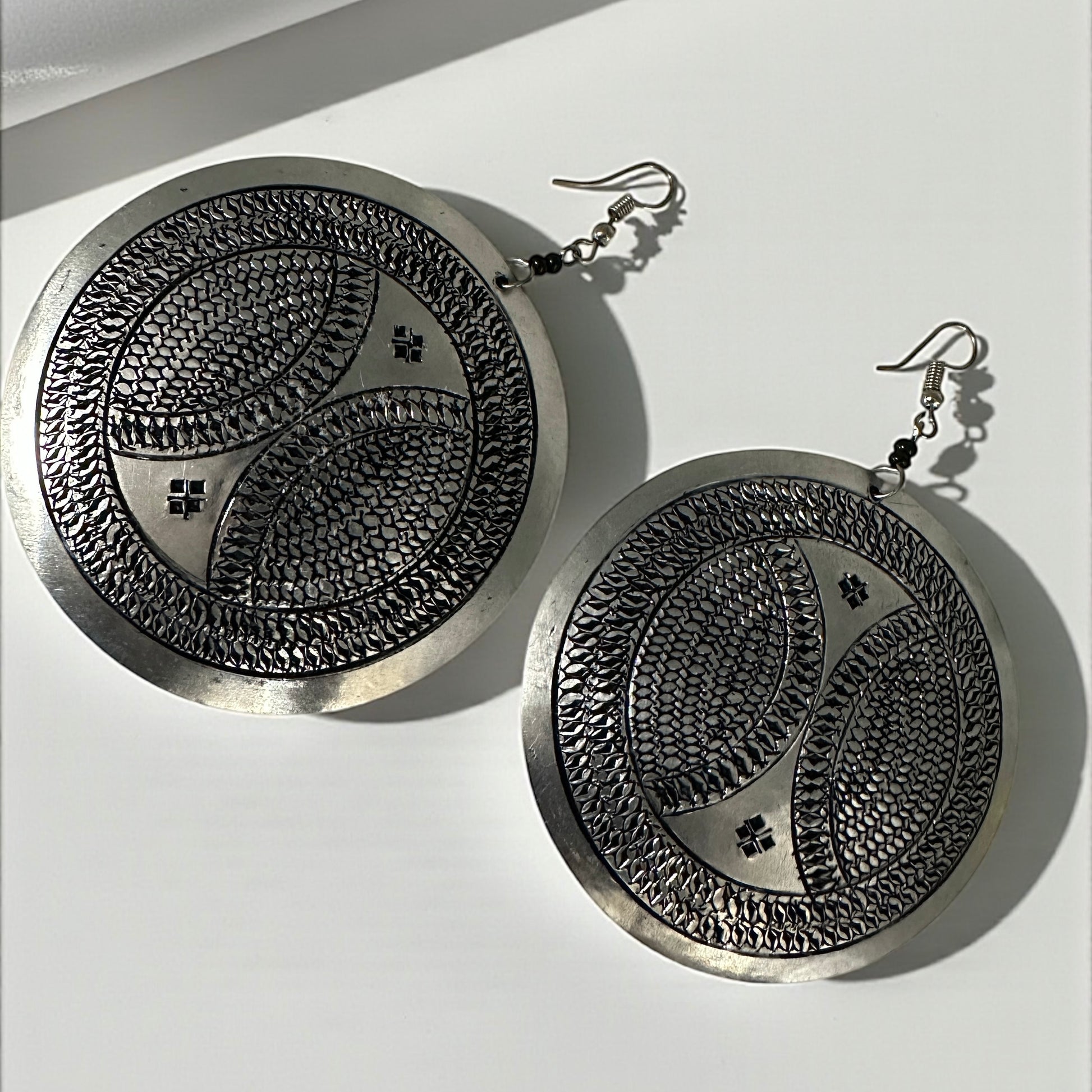 Authentic African Engraved Silver Round Earrings – Lightweight 10cm Afrocentric Dangle Jewellery - Fatisha Boutique #