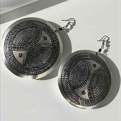 Authentic African Engraved Silver Round Earrings – Lightweight 10cm Afrocentric Dangle Jewellery - Fatisha Boutique #