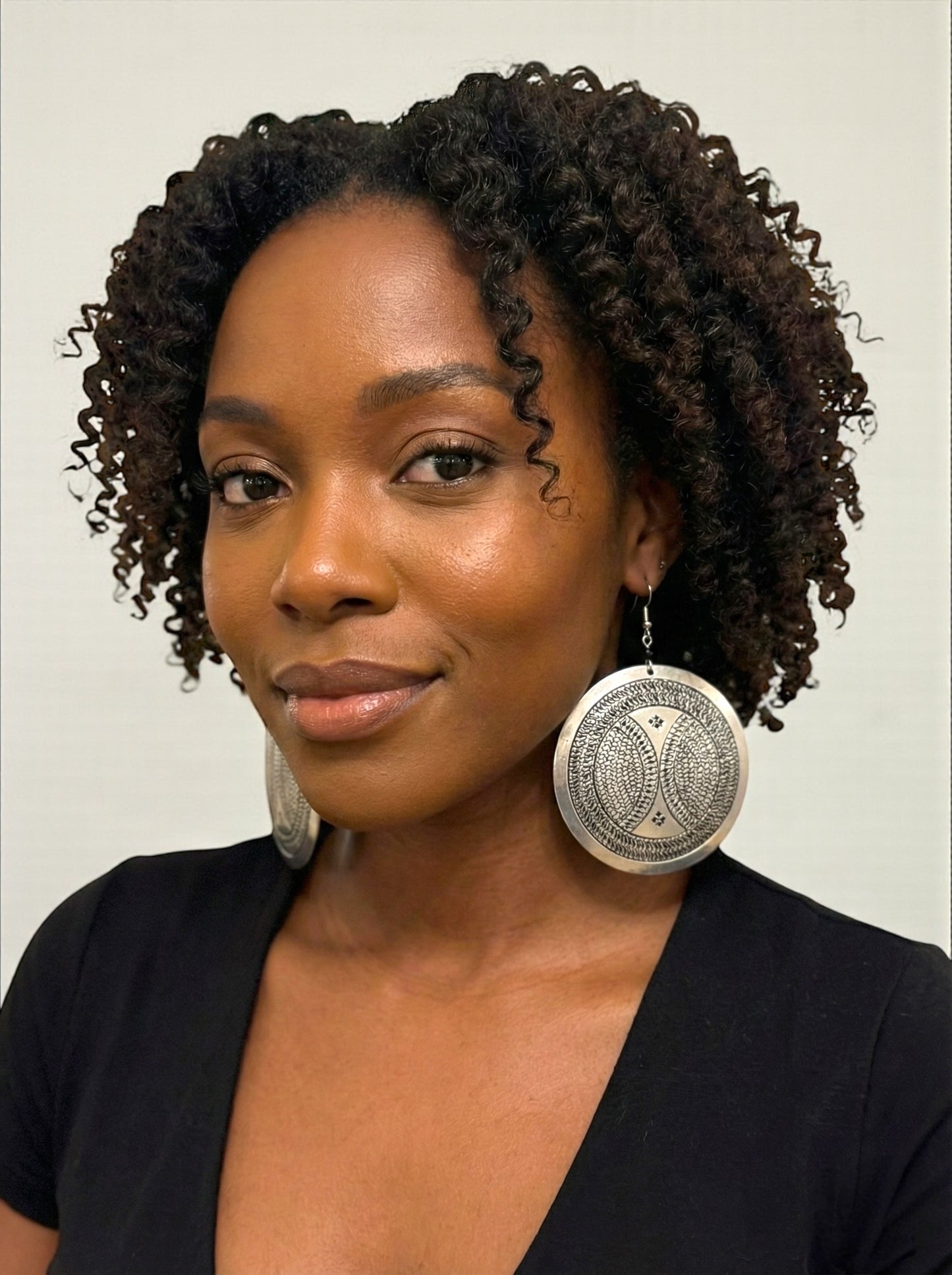 Authentic African Engraved Silver Round Earrings – Lightweight 10cm Afrocentric Dangle Jewellery - Fatisha Boutique #