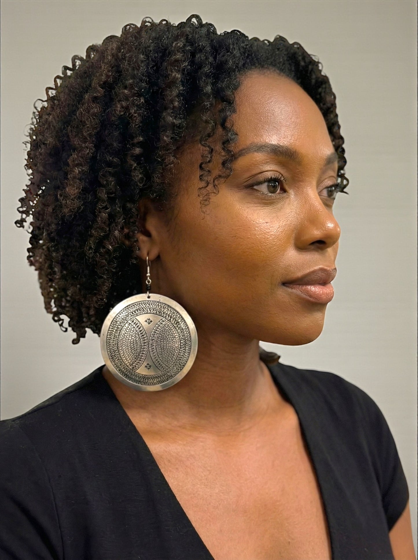 Authentic African Engraved Silver Round Earrings – Lightweight 10cm Afrocentric Dangle Jewellery - Fatisha Boutique #