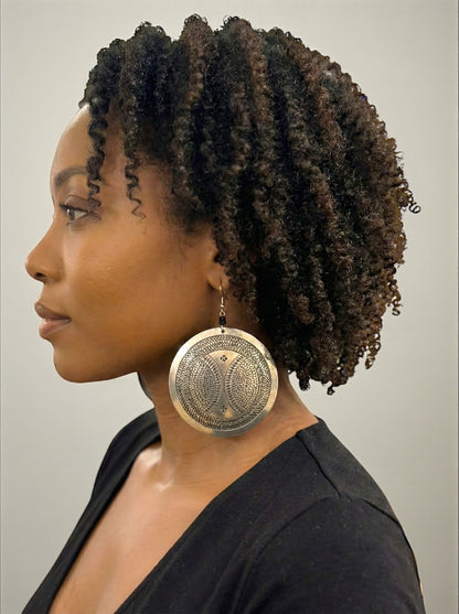 Authentic African Engraved Silver Round Earrings – Lightweight 10cm Afrocentric Dangle Jewellery - Fatisha Boutique #