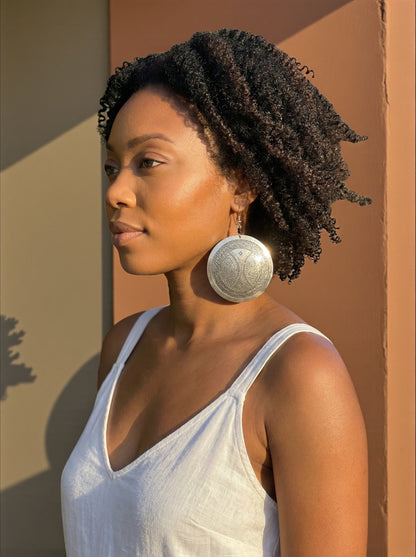 Authentic African Engraved Silver Round Earrings – Lightweight 10cm Afrocentric Dangle Jewellery - Fatisha Boutique #