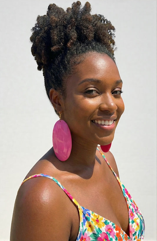 Pink Oval Wooden Dangle Earrings – Handmade Lightweight Boho Chic Ethnic Jewellery for Women UK - Fatisha Boutique #