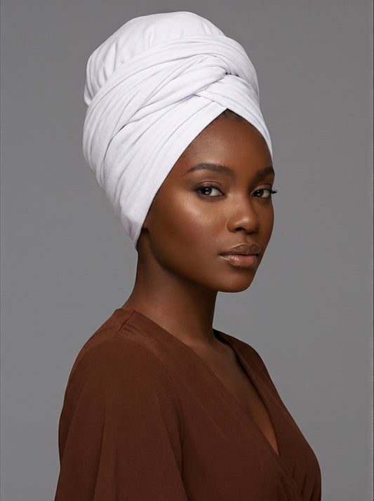 White Long Stretch Jersey Headwrap – Soft Elastic Turban Head Wrap Scarf for Protective Styling & Fashion Looks - Fatisha Boutique #