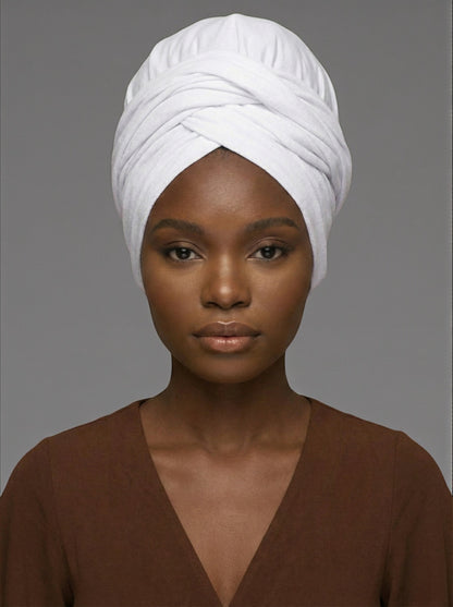 White Long Stretch Jersey Headwrap – Soft Elastic Turban Head Wrap Scarf for Protective Styling & Fashion Looks - Fatisha Boutique #