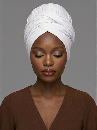White Long Stretch Jersey Headwrap – Soft Elastic Turban Head Wrap Scarf for Protective Styling & Fashion Looks - Fatisha Boutique #