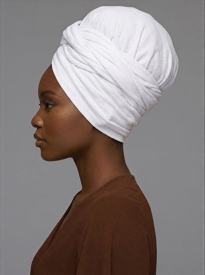 White Long Stretch Jersey Headwrap – Soft Elastic Turban Head Wrap Scarf for Protective Styling & Fashion Looks - Fatisha Boutique #