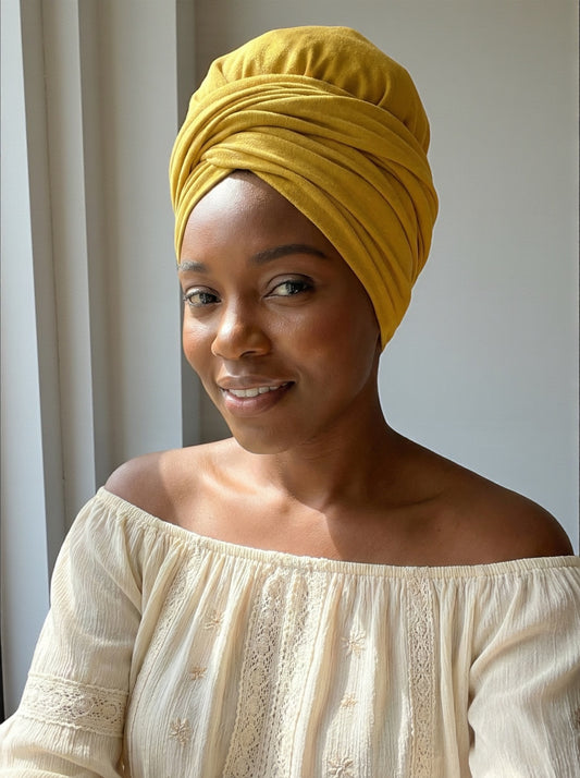 Mustard Long Stretch Jersey Headwrap – Soft Elastic Turban Head Wrap Scarf for Protective Styling & Fashion Looks - Fatisha Boutique #