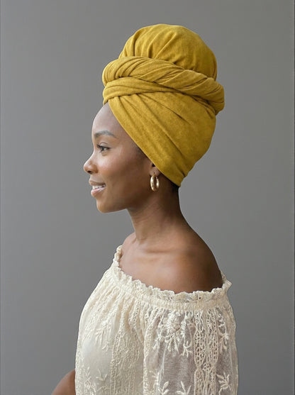 Mustard Long Stretch Jersey Headwrap – Soft Elastic Turban Head Wrap Scarf for Protective Styling & Fashion Looks - Fatisha Boutique #