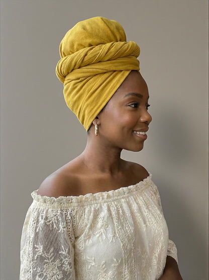 Mustard Long Stretch Jersey Headwrap – Soft Elastic Turban Head Wrap Scarf for Protective Styling & Fashion Looks - Fatisha Boutique #