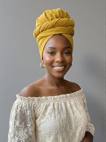 Mustard Long Stretch Jersey Headwrap – Soft Elastic Turban Head Wrap Scarf for Protective Styling & Fashion Looks - Fatisha Boutique #