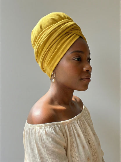 Mustard Long Stretch Jersey Headwrap – Soft Elastic Turban Head Wrap Scarf for Protective Styling & Fashion Looks - Fatisha Boutique #