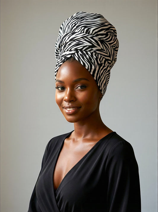 Zebra Print Long Stretch Jersey Headwrap – Soft Elastic Turban Head Wrap Scarf for Protective Styling & Fashion Looks