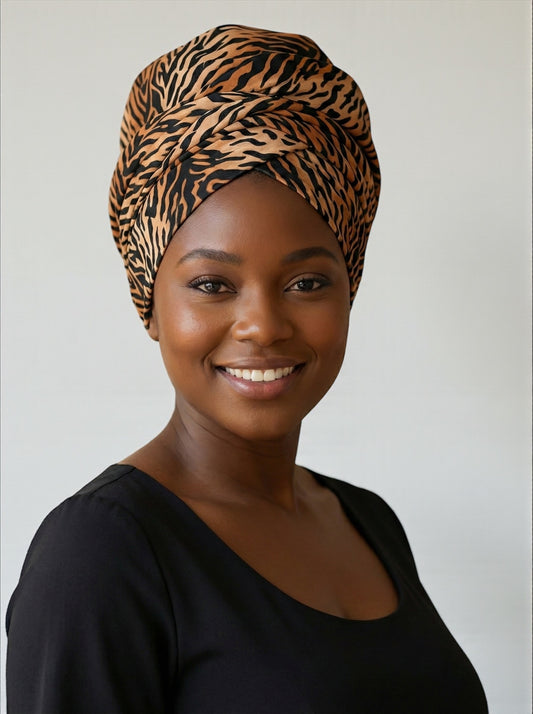 Tiger Print Long Stretch Jersey Headwrap – Soft Elastic Turban Head Wrap Scarf for Protective Styling & Fashion Looks - Fatisha Boutique #